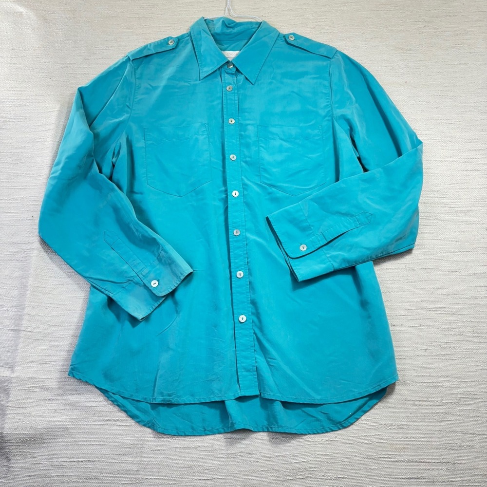 Chicos Turquoise Blue Utility Button Down Shirt Modal Blend Epaulettes Size 2 L